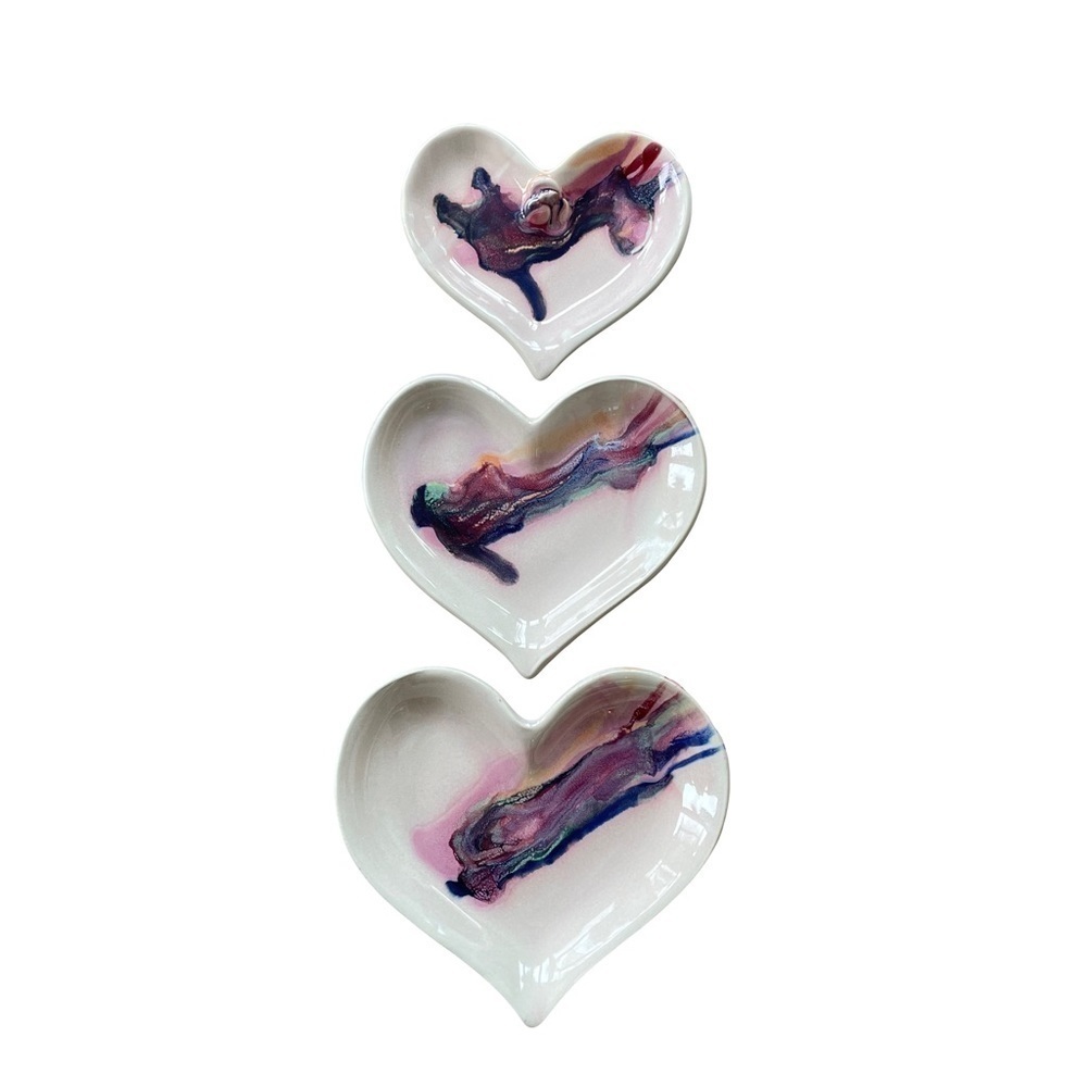 Art Pottery Stoneware Heart Shaped Nesting Bowls Dishes Set of 3